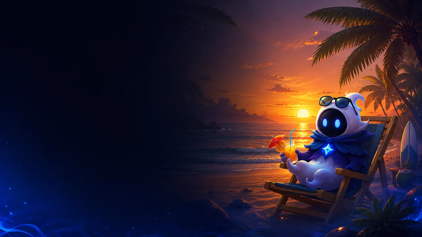 Le Navigateur se détend sur une plage au coucher du soleil.